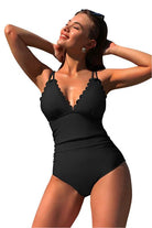 Scalloped V Neck Cut Out Monokini Swimwear - VacationGrabs