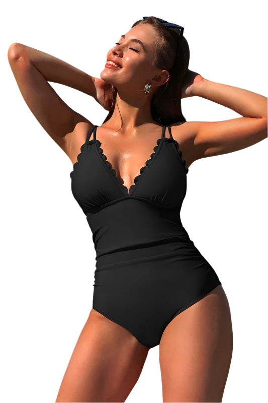 Scalloped V Neck Cut Out Monokini Swimwear - VacationGrabs