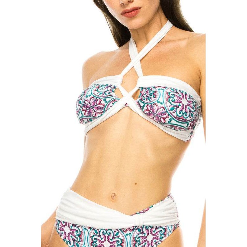 Two Piece Floral Prints Criss Cross Halter Bikini - VacationGrabs
