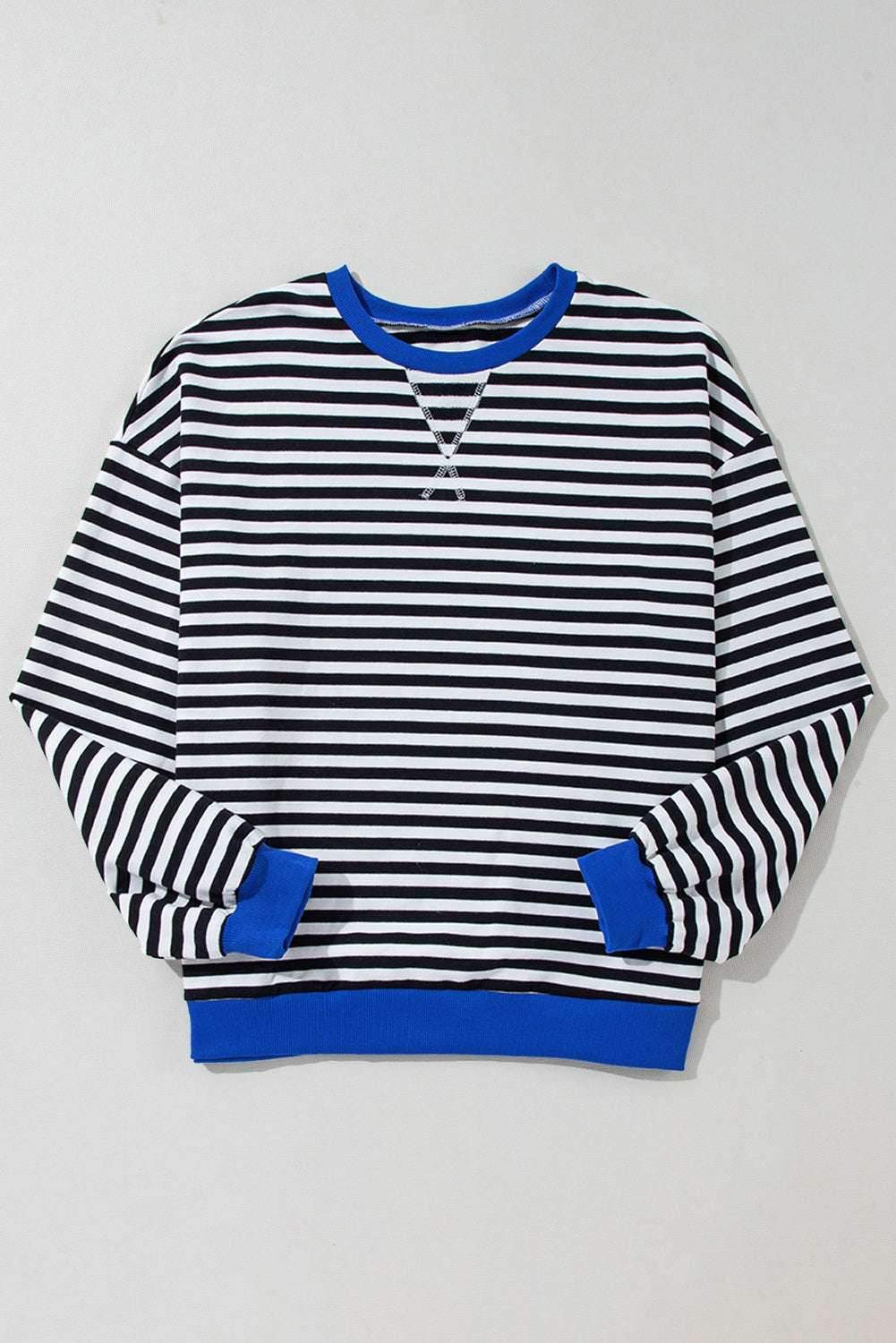 Black Stripe Oversized Contrast Trim Pullover Sweatshirt - VacationGrabs