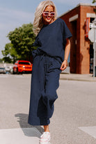 Women's Outfits & SetsNavy Blue Textured Loose Fit T Shirt and Drawstring Pants - VacationGrabs