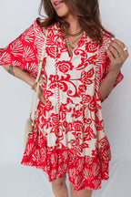 Flower V-Neck 3/4 Sleeve Collar Mini Dress