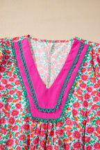 Floral Patchwork V-Neck Bubble Sleeve Mini Dress