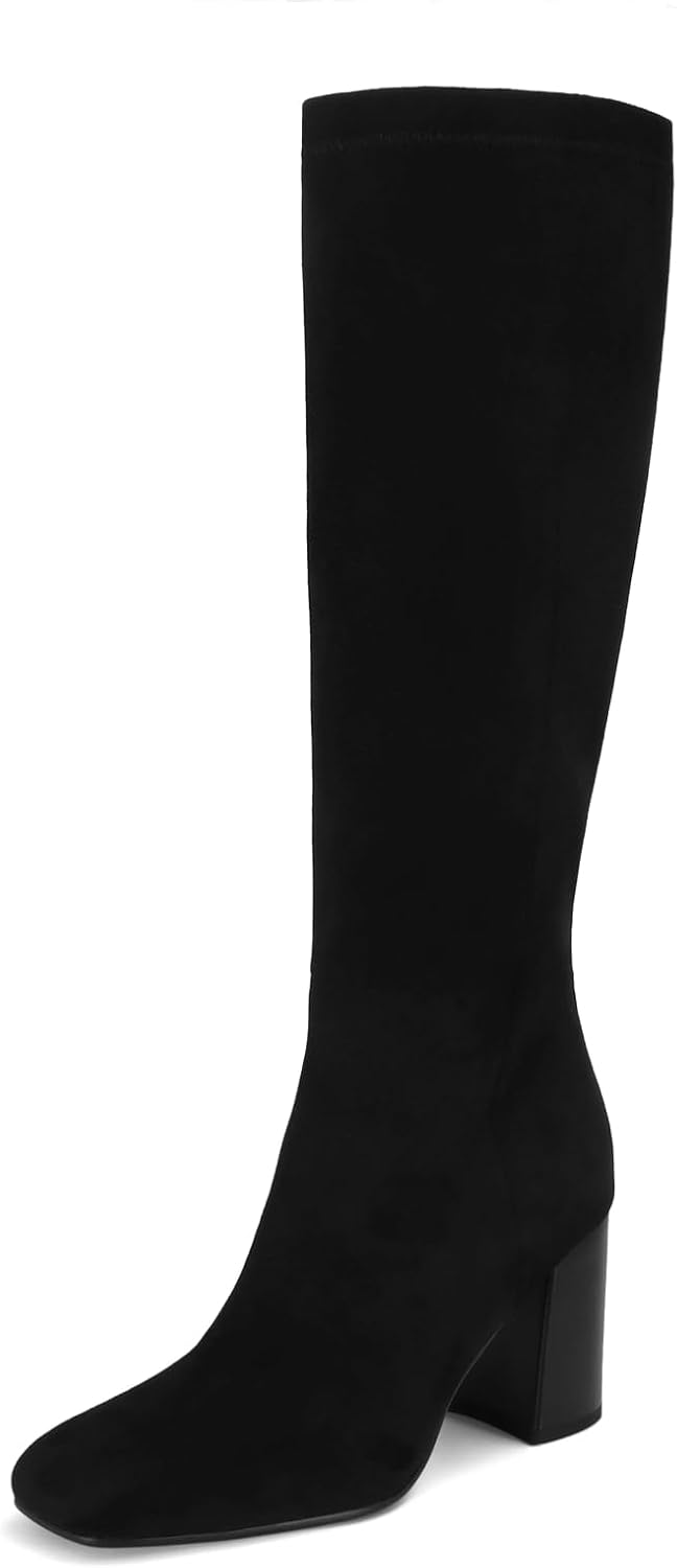 Women's Black Faux Leather Knee High Boots, Chunky Heel