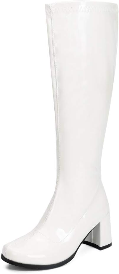 Women's White Gogo Boots, Knee High Block Heel Disco Boots