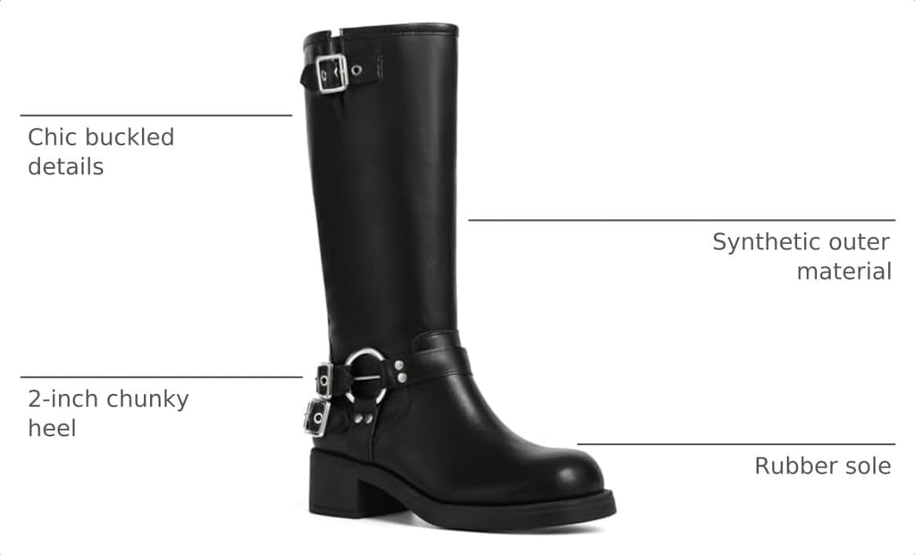 Women's Knee High Moto Boots with Buckles, Chunky Heel