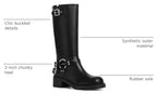 Women's Knee High Moto Boots with Buckles, Chunky Heel