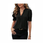 Notched Short Sleeve Blouse - VacationGrabs