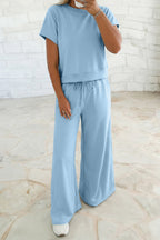 Solid Tee & Wide Leg Raw Hem Pants Set