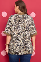Plus Size Leopard Patchwork Crinkled V-Neck Blouse