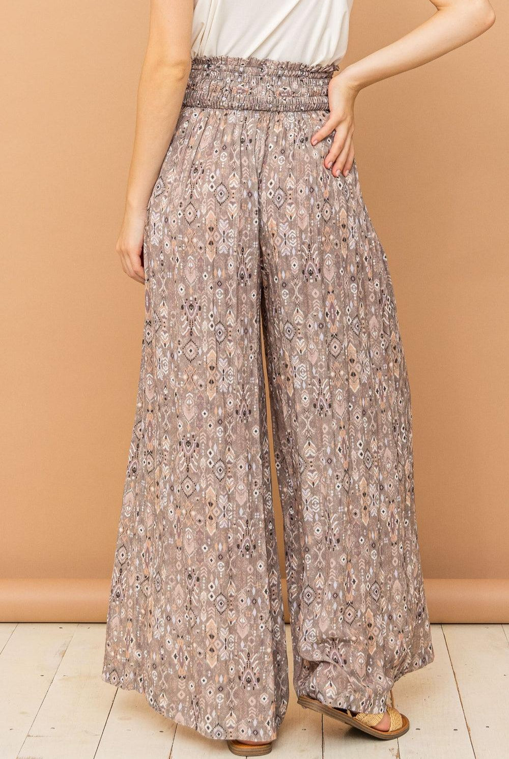Women's Pants And The Why Printed Smocked Waist Slit Wide Leg Pants