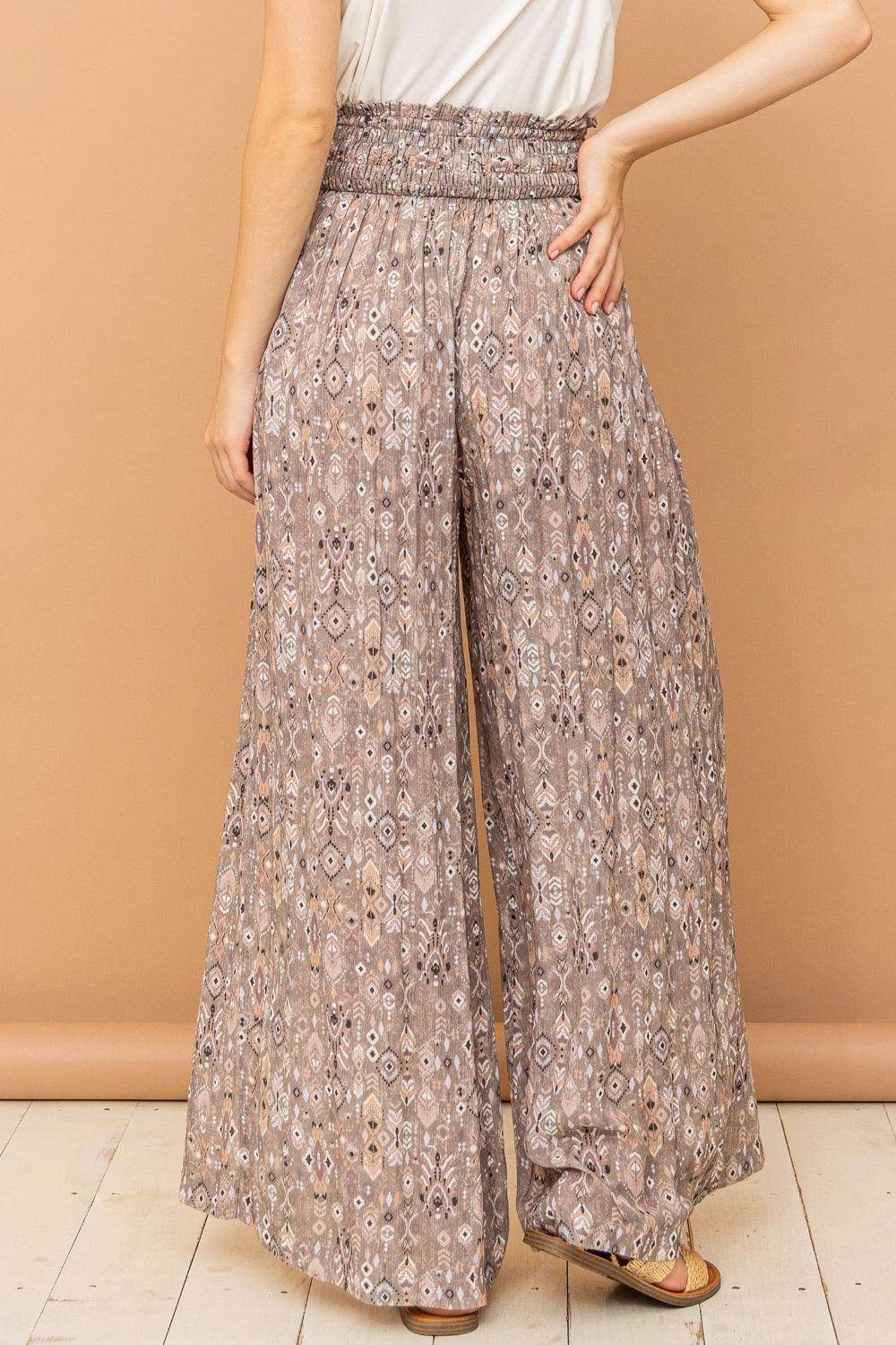 And The Why Printed Smocked Waist Slit Wide Leg Pants - VacationGrabs