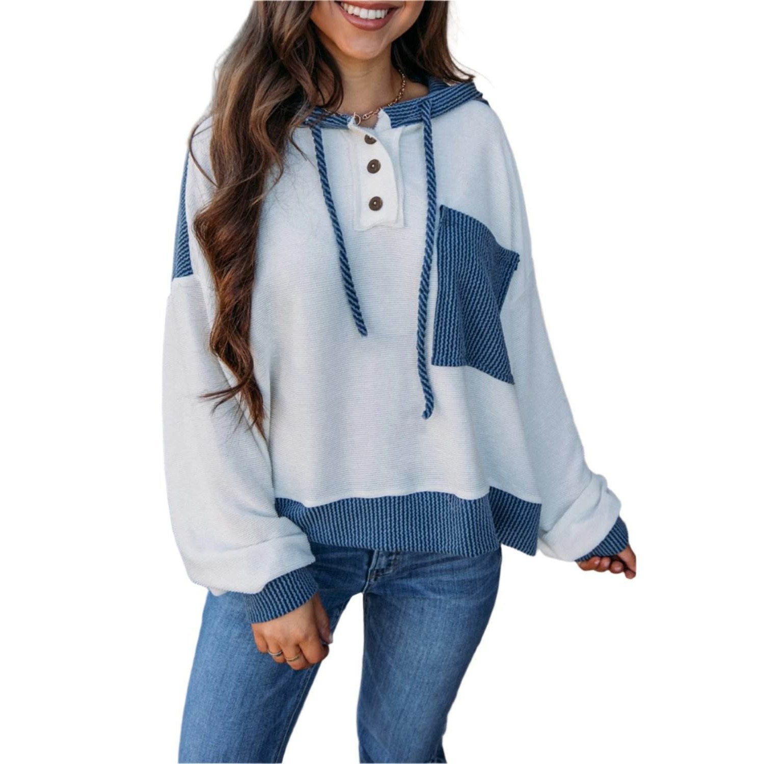 White Corded Colorblock Patch Pocket Drawstring Hooded Top - VacationGrabs