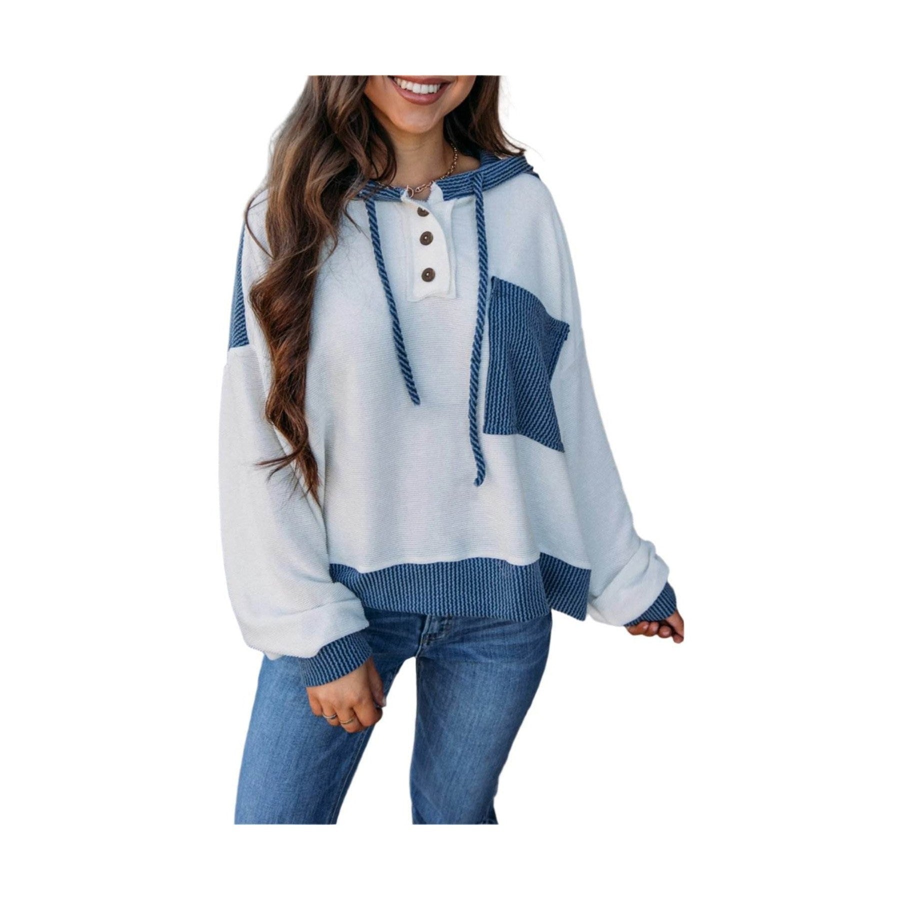White Corded Colorblock Patch Pocket Drawstring Hooded Top - VacationGrabs