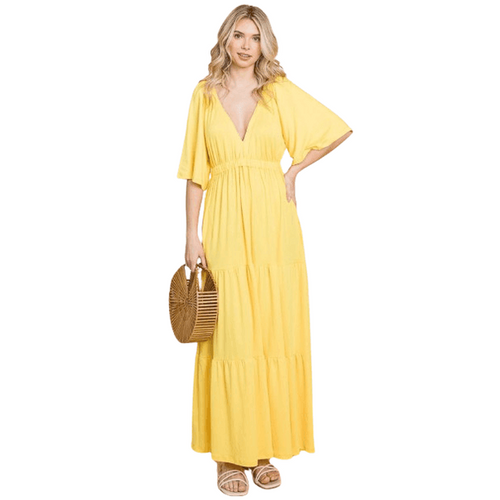 Culture Code Backless Plunge Half Sleeve Tiered Dress - VacationGrabs