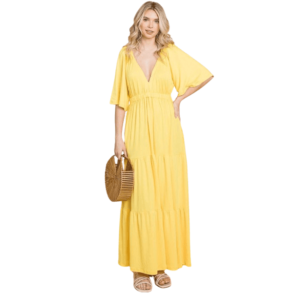 Culture Code Backless Plunge Half Sleeve Tiered Dress - VacationGrabs