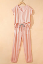 Solid V-Neck Tee & Drawstring Pants Set