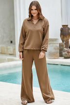 Solid V-Neck Top and High Waist Pants Set