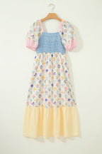 Floral Stripe Colorblock Square Neck Shirred Dress