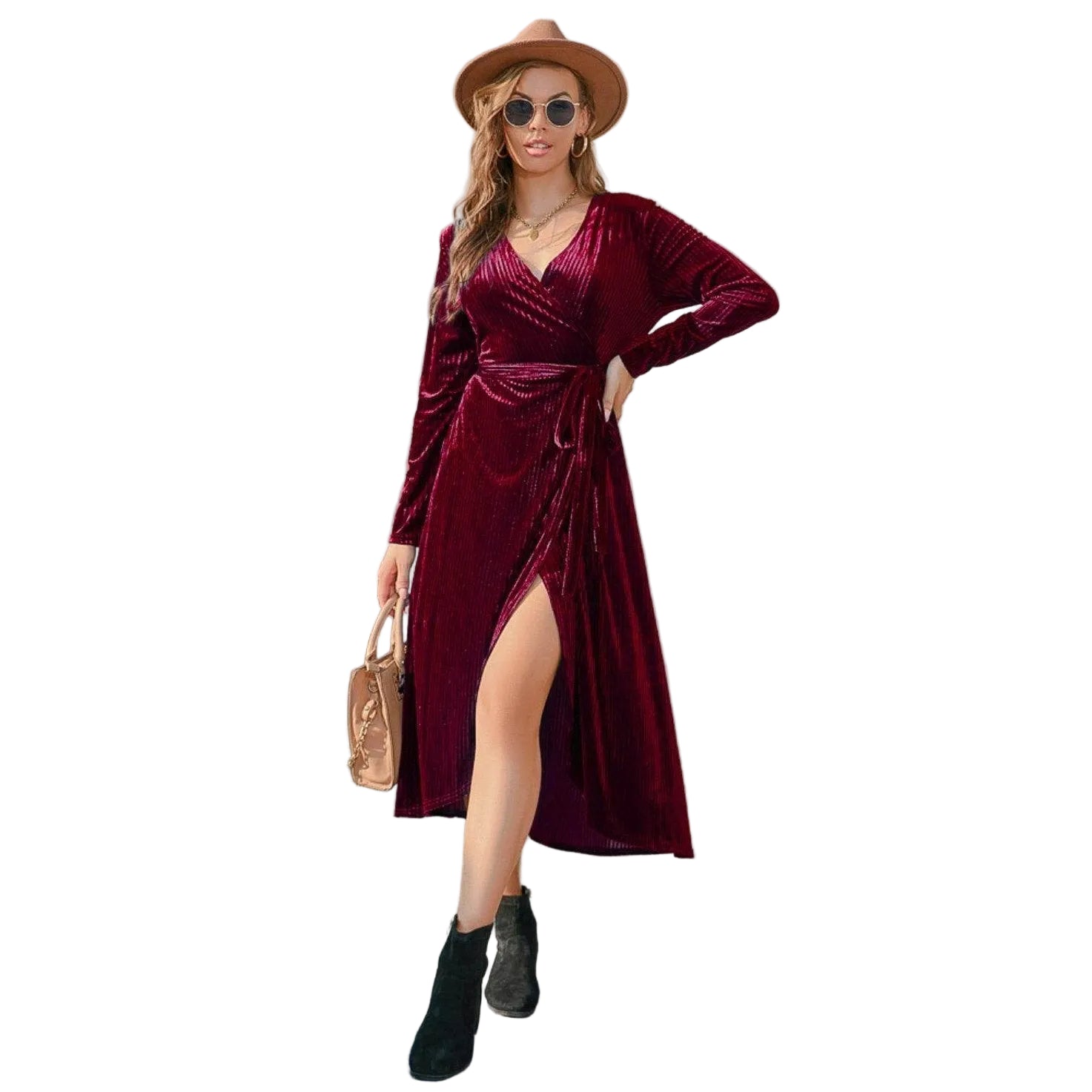 Tie Front Long Sleeve Slit Dress - VacationGrabs