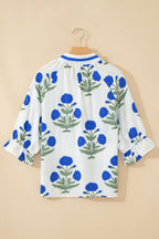 Flower Contrast V-Neck 3/4 Sleeve Blouse
