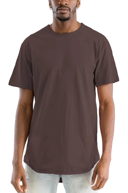 Man wearing a plain brown t-shirt against a white background