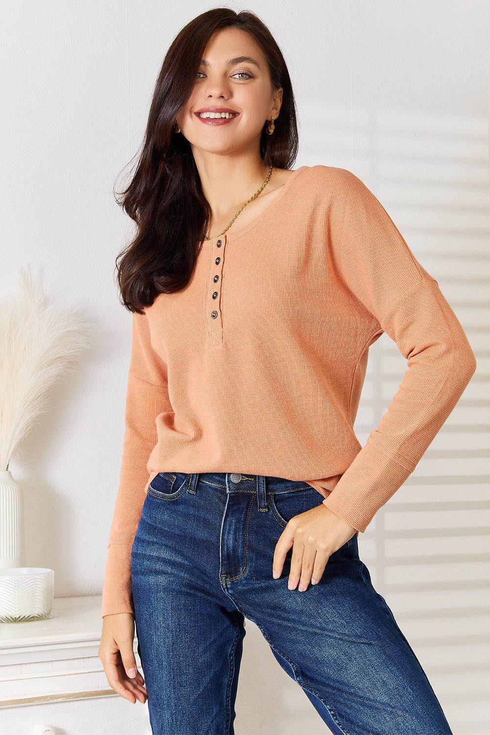 Basic Bae Half Button Long Sleeve Top - VacationGrabs