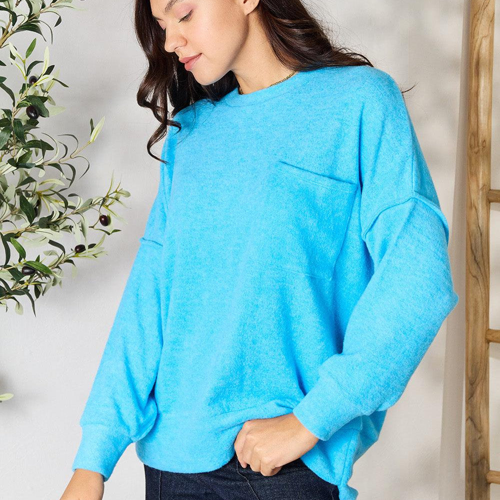 Women's Sweaters Zenana Round Neck Long Sleeve Sweater with Pocket