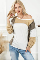 Khaki Exposed Seam Color Block Patchwork Top - VacationGrabs