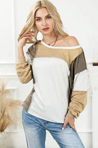 Khaki Exposed Seam Color Block Patchwork Top - VacationGrabs