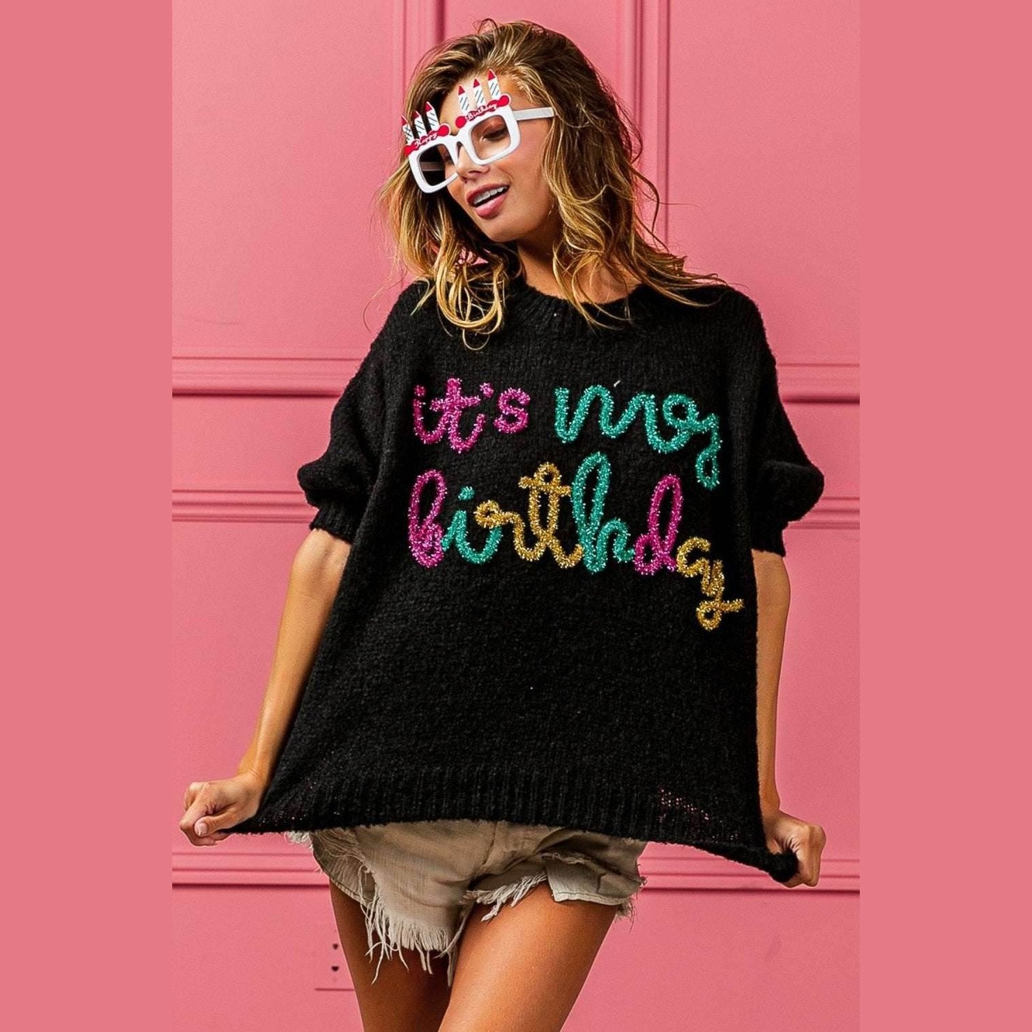 Birthday Metallic Letter Puff Sleeve Hairy Sweater - VacationGrabs