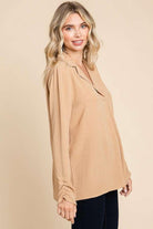 Women's Shirts Culture Code Full Size Lapel Collar Ruched Long Sleeve Blouse