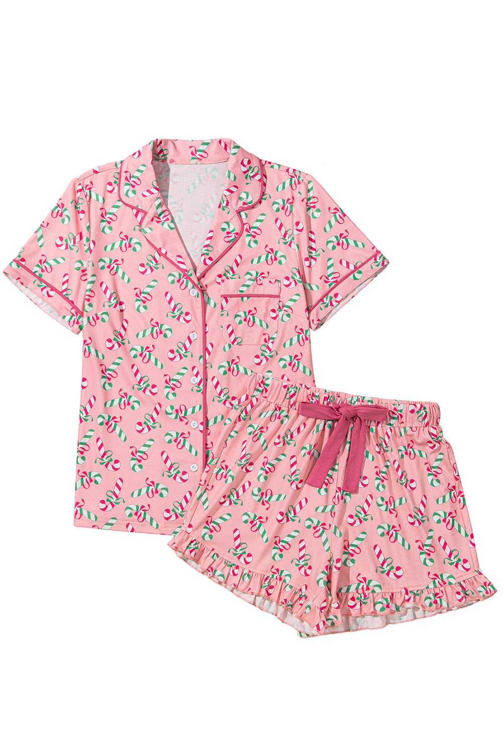 Women's Sleepwear/LoungewearPink Christmas Candy Cane Print Pocketed Knotted Pajama Set - VacationGrabs