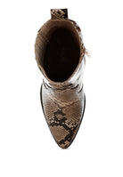 Rag Company stylish vacation ankle boots in snake print with pointed toe and zipper closure