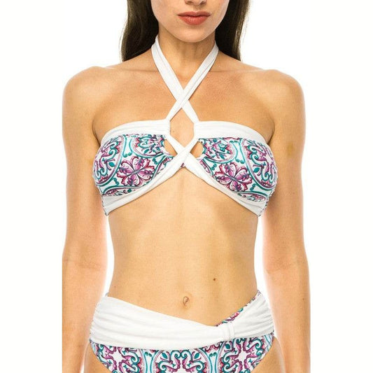 Two Piece Floral Prints Criss Cross Halter Bikini - VacationGrabs