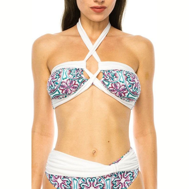 Two Piece Floral Prints Criss Cross Halter Bikini - VacationGrabs