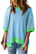 Women's Shirts - T-ShirtsSky Blue Stripe Oversized Contrast Trim Exposed Seam High - VacationGrabs