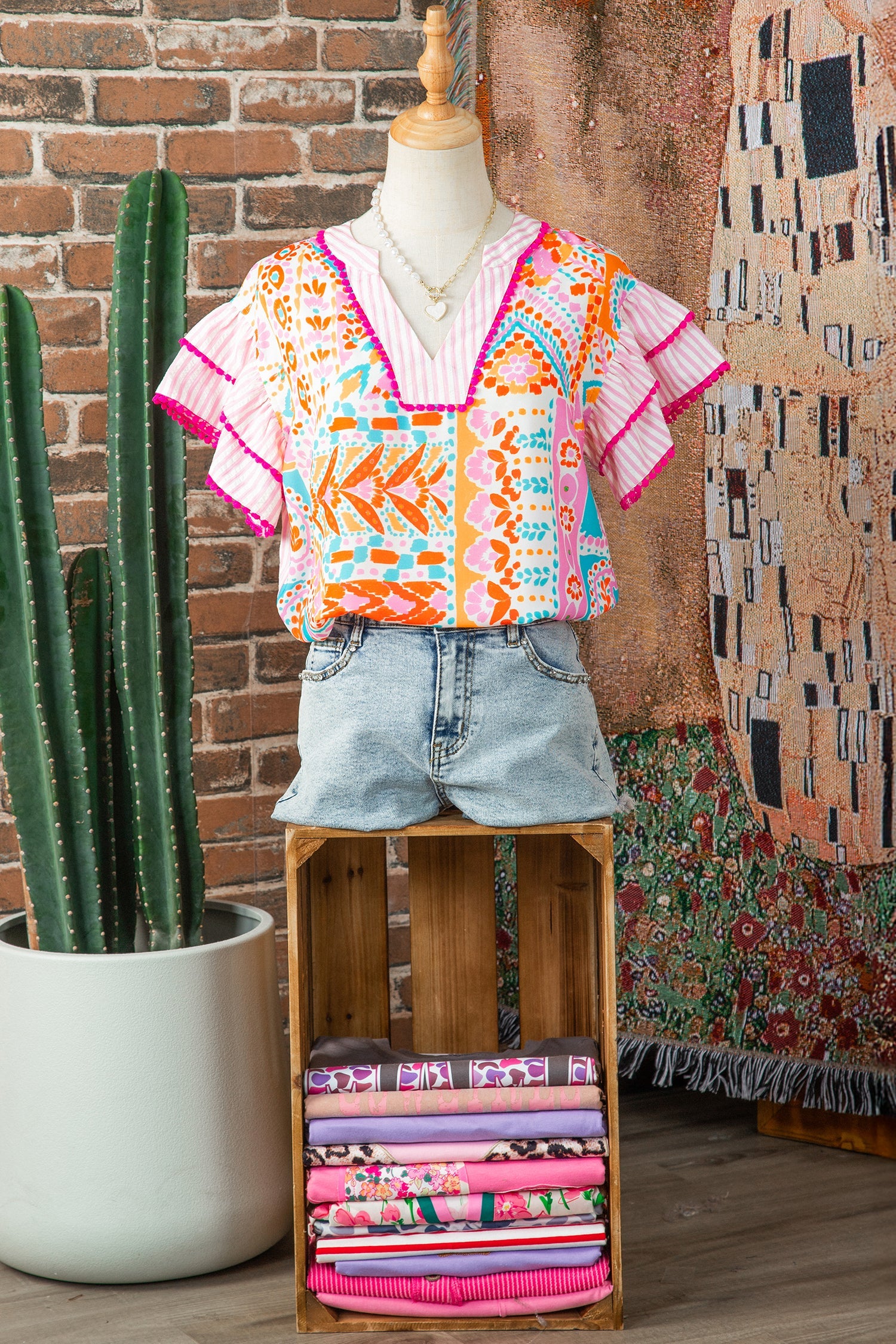 Boho Contrast Trim Patchwork Tiered Short Sleeve Blouse