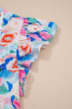 Floral Tie V-Neck Ruffle Short Sleeve Blouse