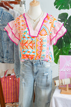 Boho Contrast Trim Patchwork Tiered Short Sleeve Blouse