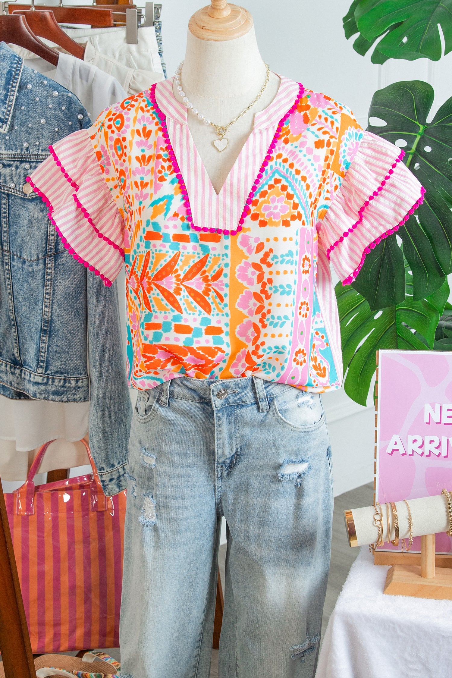Boho Contrast Trim Patchwork Tiered Short Sleeve Blouse
