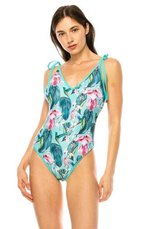 One Piece Bathing Suit Floral Print Shouler Top Ti - VacationGrabs