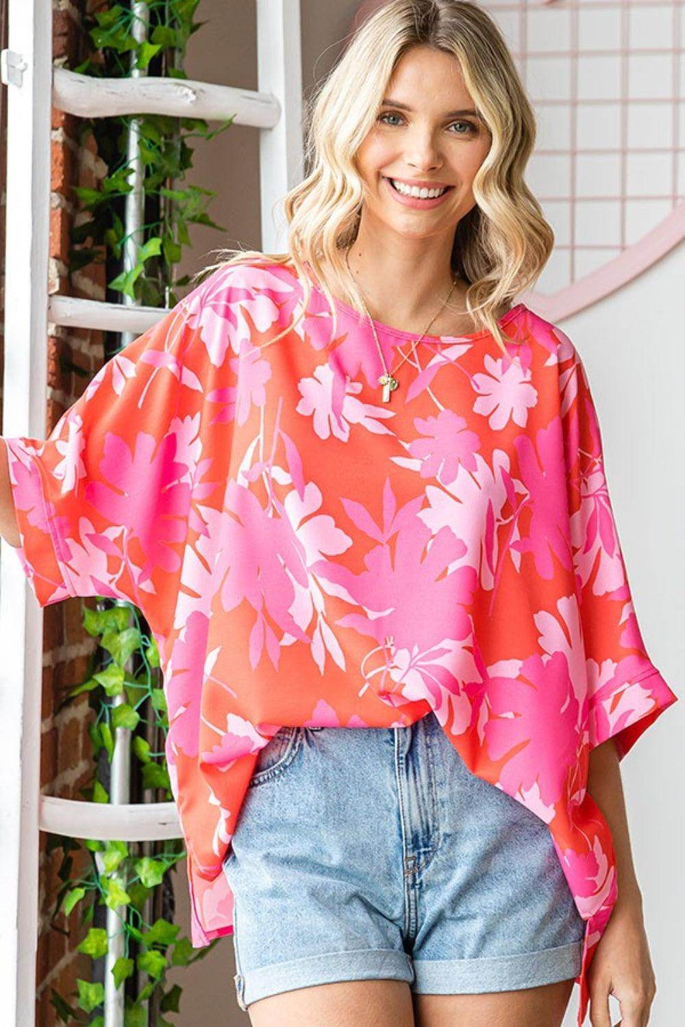 First Love Slit Printed Round Neck Half Sleeve Blouse - VacationGrabs