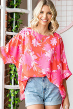 First Love Slit Printed Round Neck Half Sleeve Blouse - VacationGrabs