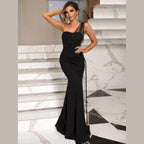 Rhinestone One-Shoulder Formal Dress - VacationGrabs