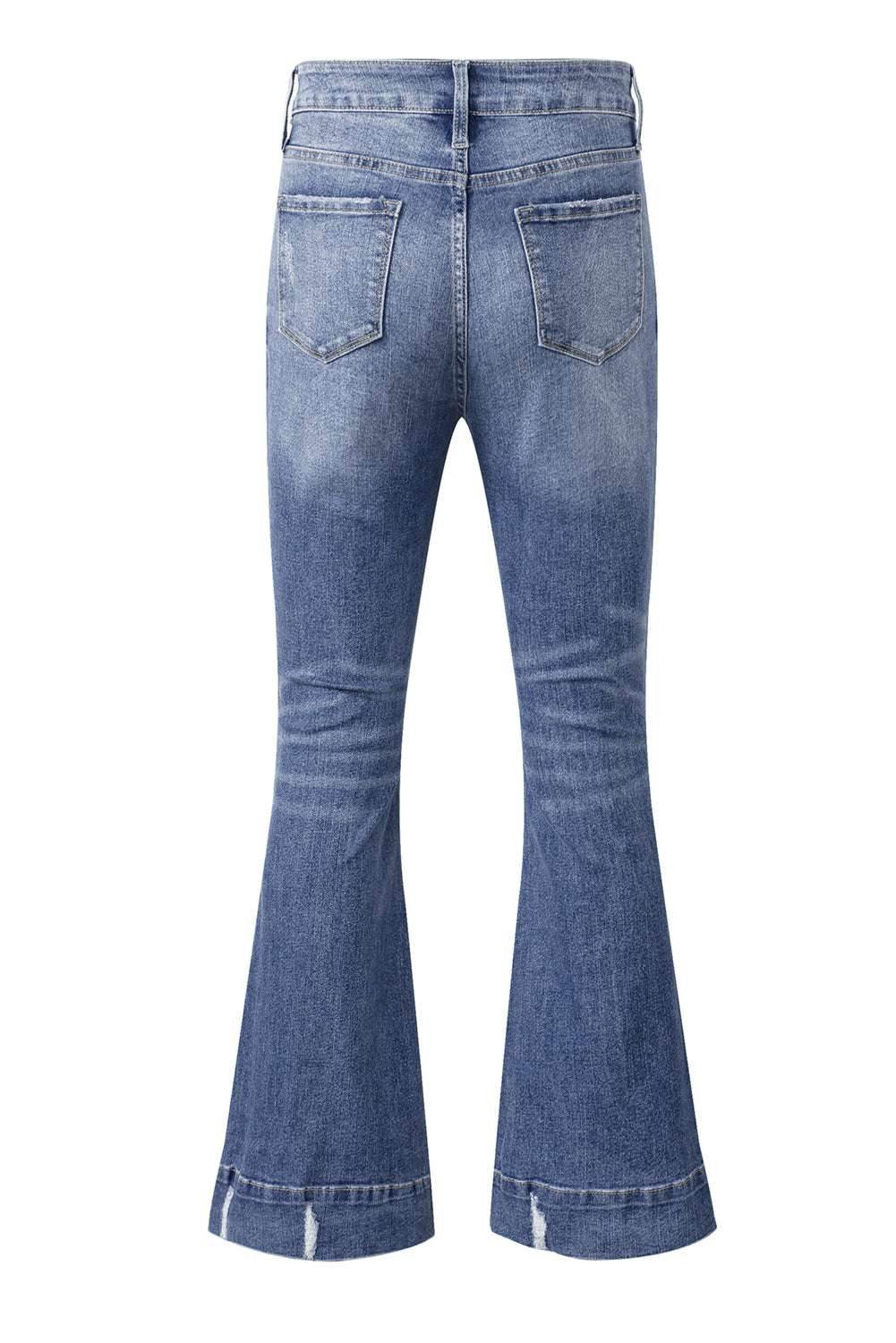Sky Blue Slight Distressed Medium Wash Flare Jeans - VacationGrabs