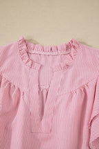 Stripe Frilled Split Neck Ruffle Sleeve Blouse