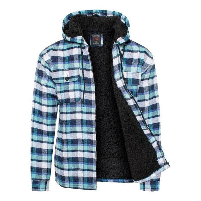 Men's Flannel Sherpa Lined Jacket with Hood - VacationGrabs