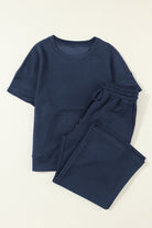 Women's Outfits & SetsNavy Blue Textured Loose Fit T Shirt and Drawstring Pants - VacationGrabs