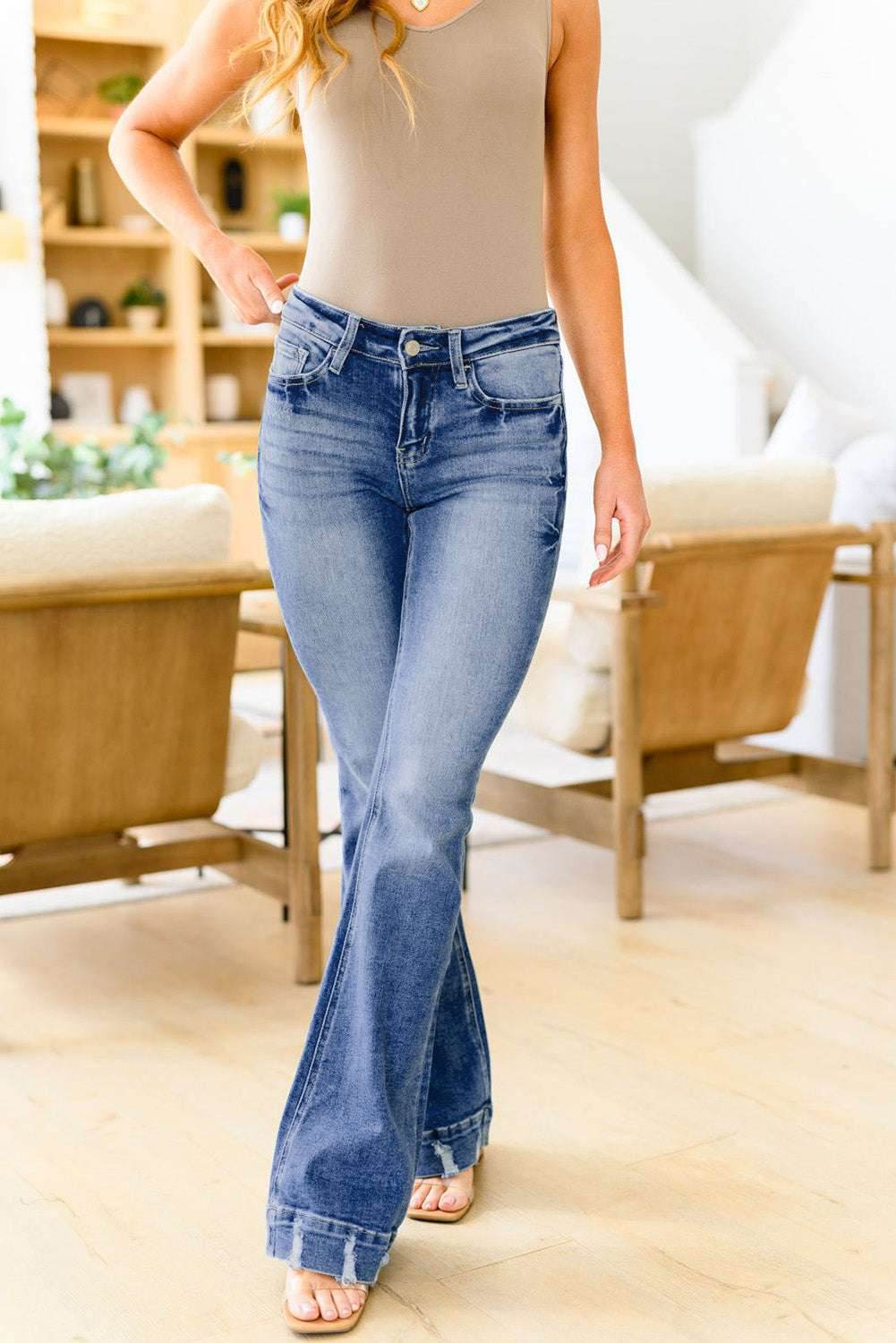 Sky Blue Slight Distressed Medium Wash Flare Jeans - VacationGrabs